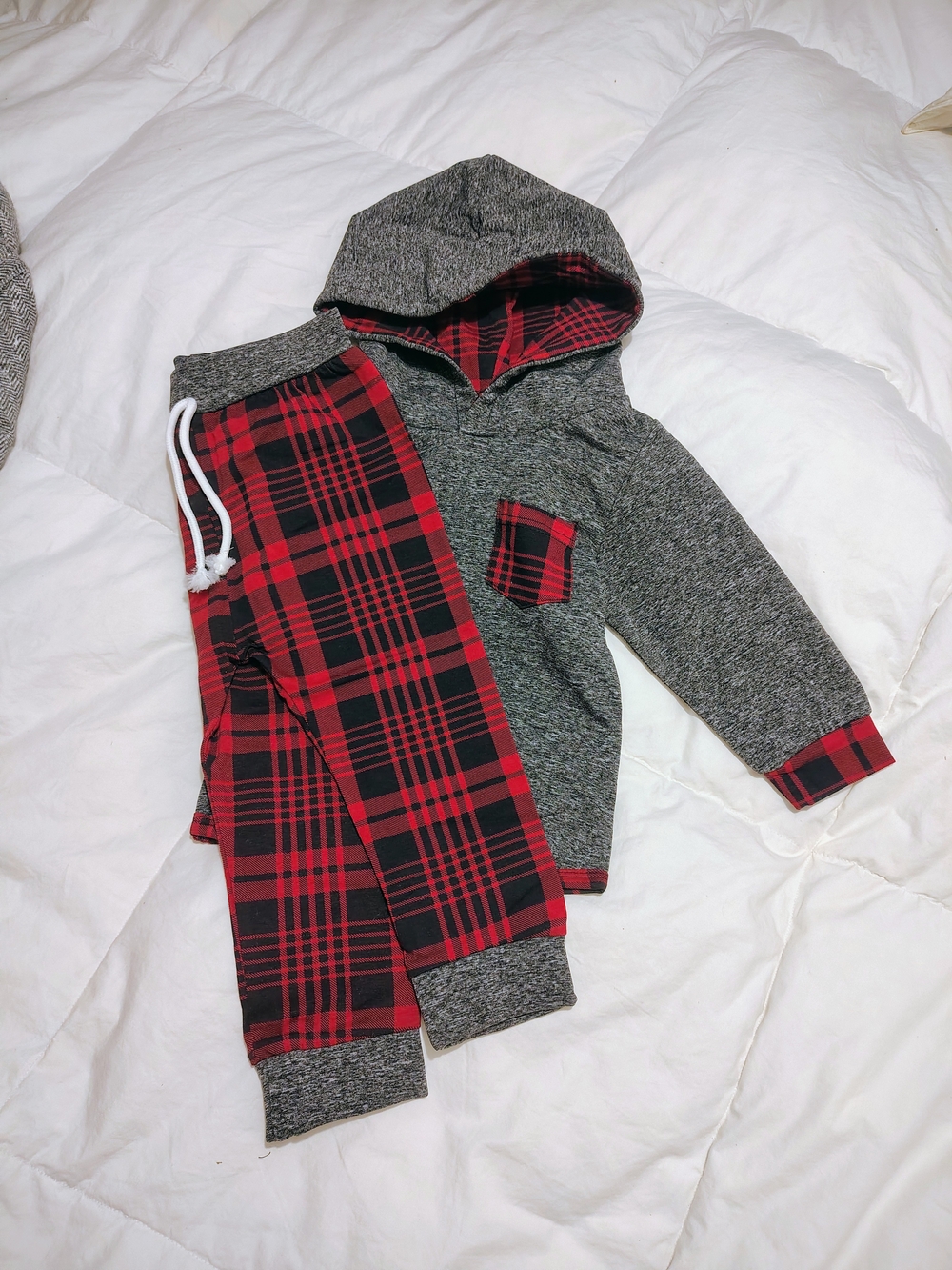 Kids Red Plaid Jogger Pants with Gray Hoodie Set